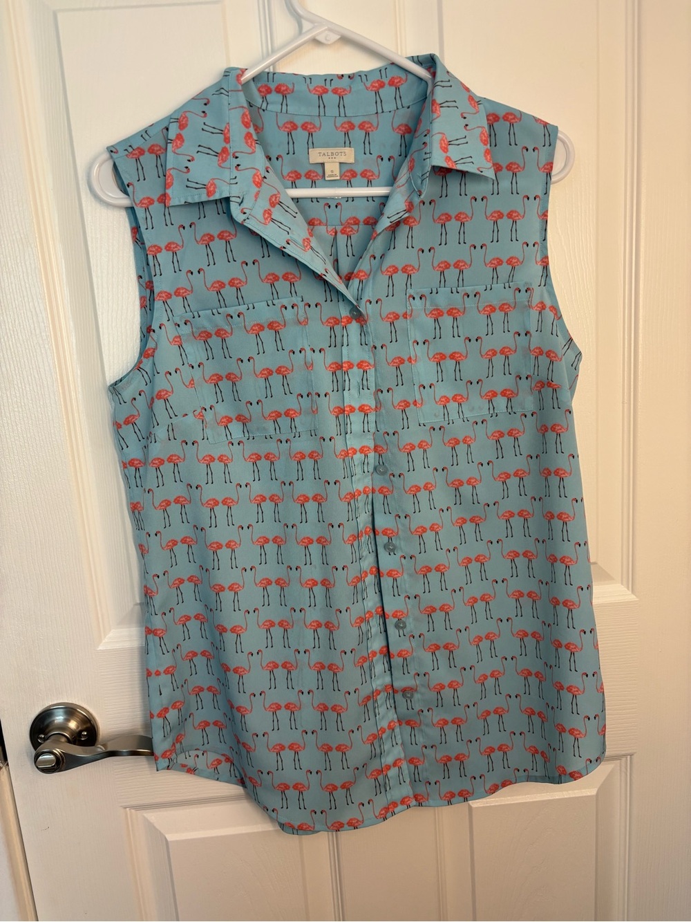 Talbots Sleeveless Flamingo-Print Blouse - Blue/Pink Sz S